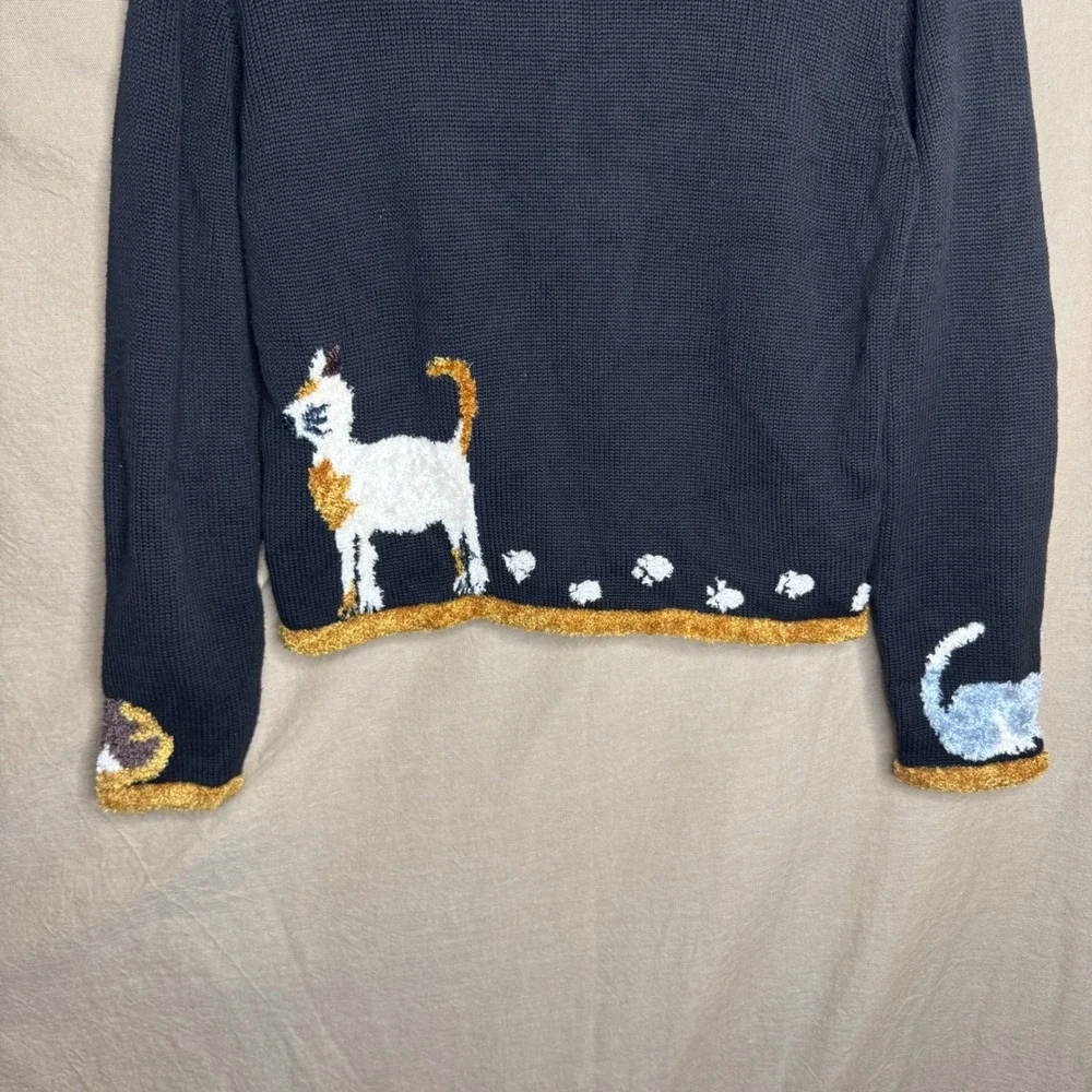 GrandmaCore Cat Zip Up Cardigan Black Hand Embroidered Fuzzy Medium - Picture 8 of 8
